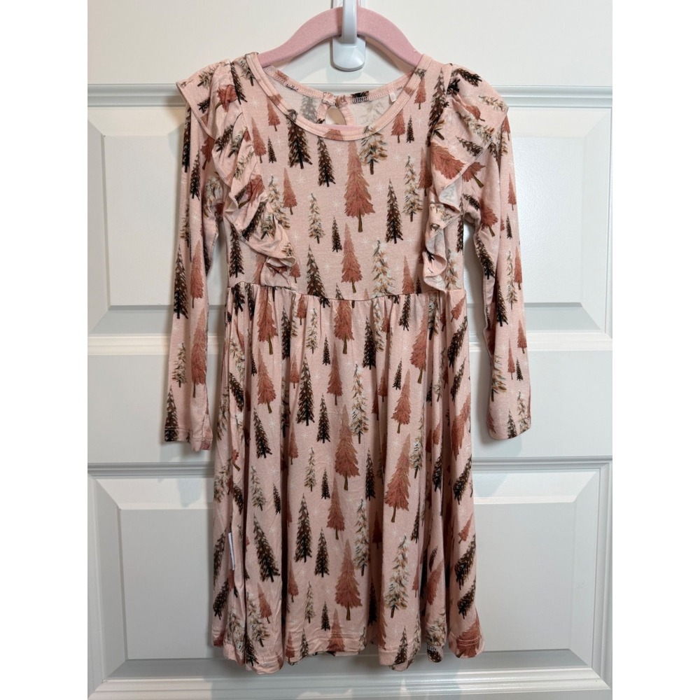 34. Dream Jamms Kids Pink Bamboo Pine Tree Ruffle Twirl Dress 3T Long Sleeve